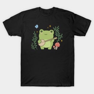 Frog Playing Banjo and Edgy Mushroom: A Kawaii Cottagecore Adventure T-Shirt